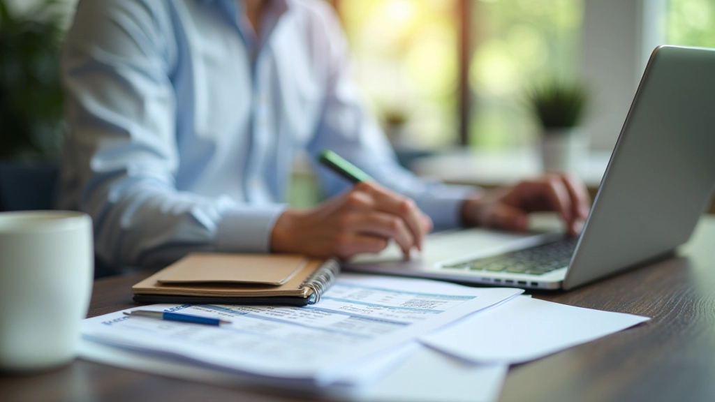 Professional setting with laptop, notebook and financial planning materials on desk