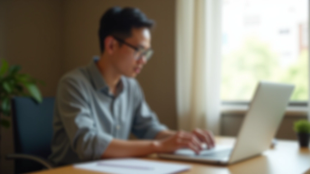 Freelancer at laptop in home office with notebooks and coffee, natural window lighting